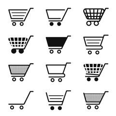 Cart icon for shop. Trolley for shopping. Add in basket for buy. Symbol of online store, retail and merchandise in line style. Web button for supermarket. Set of black signs for market. Vector