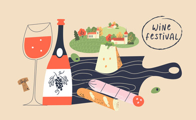 Beaujolais Nouveau. Festival of new wine in France. Wine and food. Vector illustration.