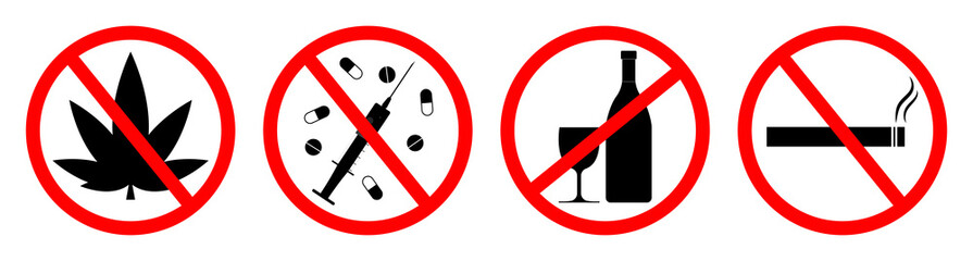 Sign of forbidden for alcohol, smoke and drug. Icons for ban of drink vodka, use cigarette and cannabis. Symbol of stop and prohibited. Zone of health. Warning about addiction and cancer. Vector