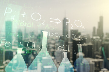 Abstract virtual chemistry illustration on blurry skyscrapers background, science and research concept. Multiexposure