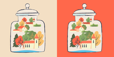 A small village in a glass jar. Vector illustration.