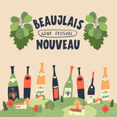 Beaujolais Nouveau. Festival of new wine in France. Vector illustration. - 377883795