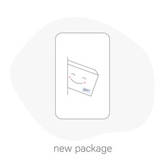 Flat line icon quick delivery service concept, parcel delivery. Happy cute parcel on the phone. Template for e-commerce.