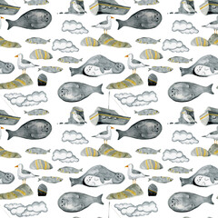 Sea print seamless pattern with seagulls, jars, fish, seals painted with watercolor