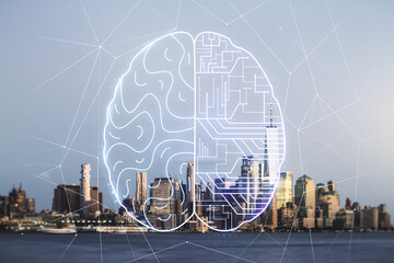 Double exposure of creative artificial Intelligence interface on New York city skyscrapers background. Neural networks and machine learning concept