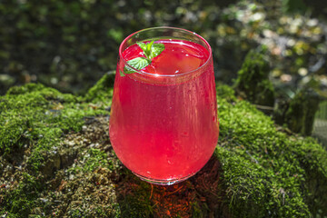 Refreshing cool summer lemonade from strawberry, raspberries, grapefruit or red currants. Pink cocktail drink in glass outdors on wood with moss. Scenic still life with drink Cosmopolitan