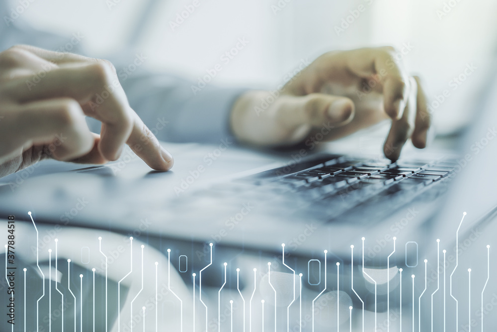 Poster creative abstract micro chip hologram and hands typing on computer keyboard on background, artificia
