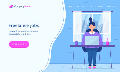 Web page template of woman working on laptop. Home office, freelance, remote work