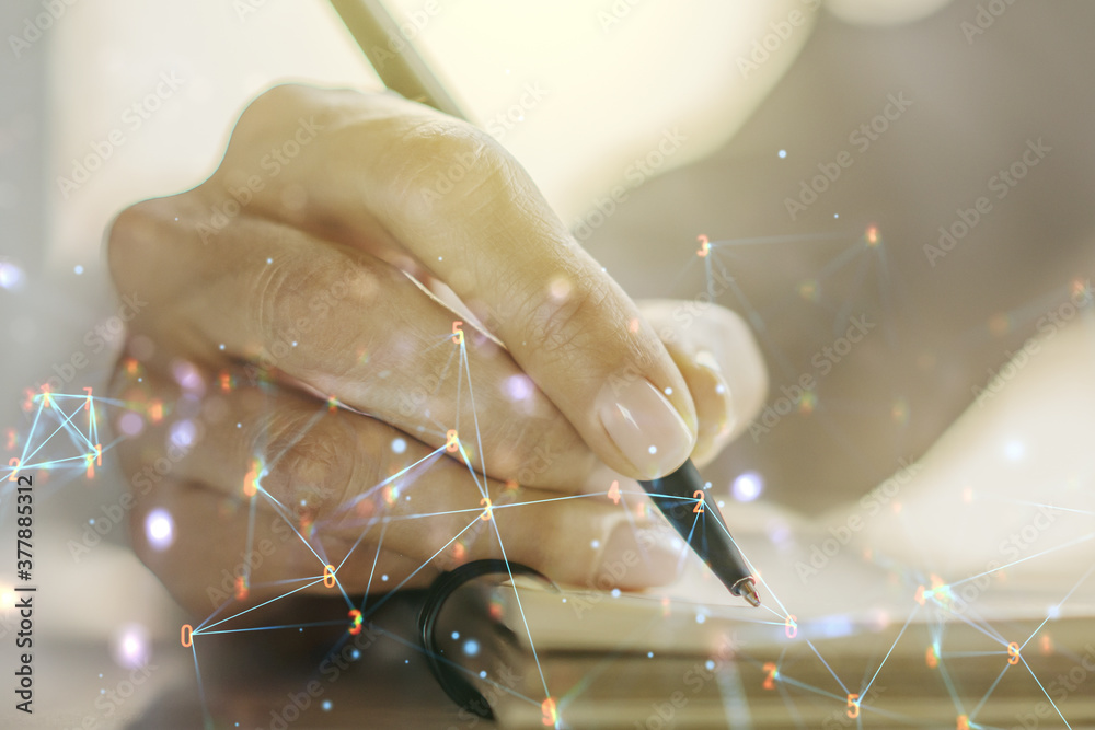 Aufkleber Creative concept of wireless technology and woman hand writing in notebook on background. Big data and database concept. Multiexposure