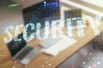 Cyber security creative concept and modern desktop with computer on background. Double exposure