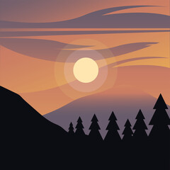pine trees in front of red sky vector design