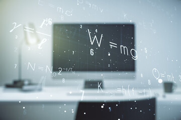 Creative scientific formula concept on modern laptop background. Multiexposure
