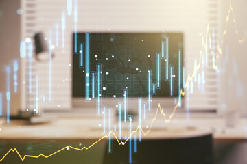 Abstract creative financial graph on modern laptop background, financial and trading concept. Multiexposure
