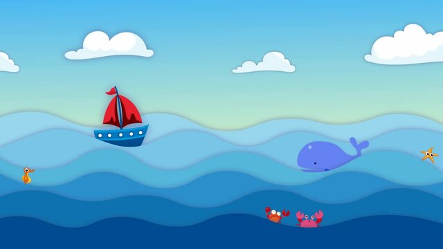 seascape with fish, crabs and a boat
