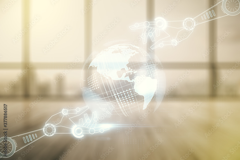 Aufkleber double exposure of abstract virtual robotics technology with world map hologram on empty modern offi