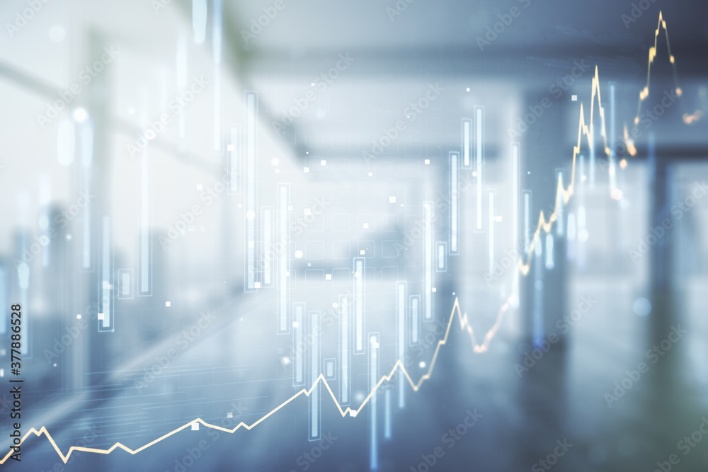 Poster multi exposure of virtual creative financial chart hologram on empty modern office background, resea