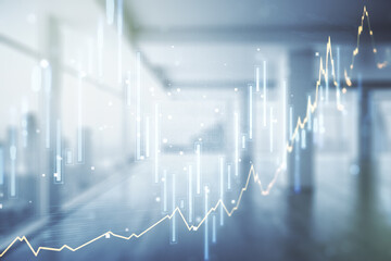 Multi exposure of virtual creative financial chart hologram on empty modern office background,...