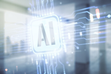 Fototapeta premium Double exposure of creative artificial Intelligence icon on empty modern office background. Neural networks and machine learning concept