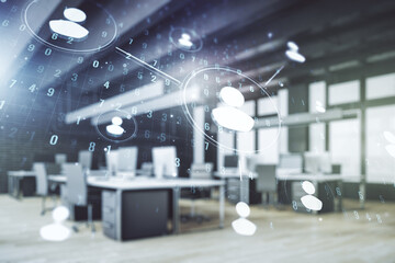 Double exposure of social network icons hologram on a modern furnished office interior background. Networking concept