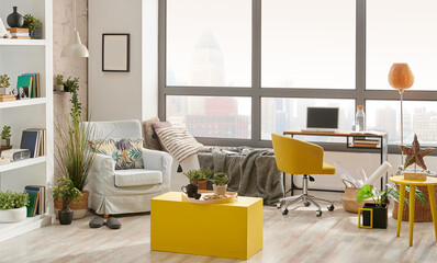 Living room interior style, city view background, armchair working table and laptop, middle coffee table style.