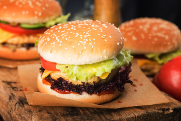 fresh chicken burger on wooden table