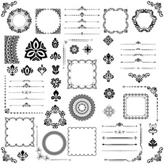 Vintage set of horizontal, square and round elements. Black elements for design, frames, cards, menus, backgrounds and monograms. Classic patterns. Set of vintage patterns