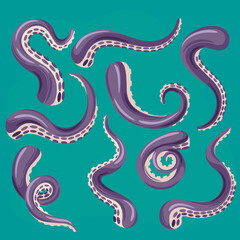 Cartoon Color Tentacles Octopus Icons Set. Vector