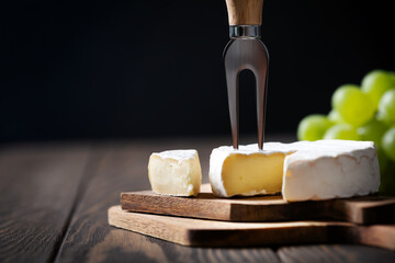 Sliced Camembert with fork on cheese platter on dark background