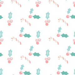 Vector Seamless Christmas Holly Leaves Candy Cane pattern