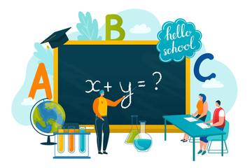 Back to school concept, pupil writes with chalk in blackboard in class vector illustration. Children learning in classroom. Welcome to knowledge and learning. School subjects chemistry, geography.