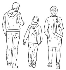Contour drawing of family citizens walking outdoors together