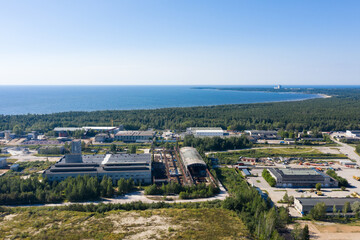 Fototapeta premium Aerial view on construction warehouse
