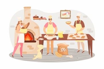 Bakery products concept vector illustration. Bakers kneading dough in bakery. Baking products, bread and pastry. Bakehouse and shop with stove. Preparation to bake bread in kitchen.