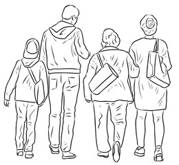 Outline drawing of family casual citizens walking outdoors together