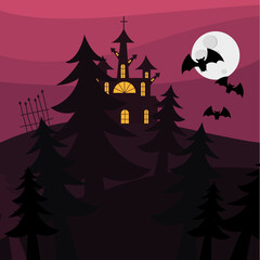 Halloween house and pine trees at night vector design