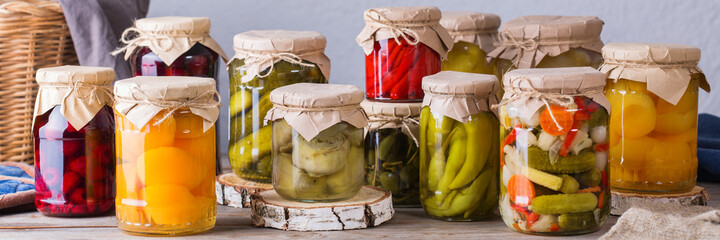 Homemade preserved, fermented food, pickled, marinated vegetables, fruit compote