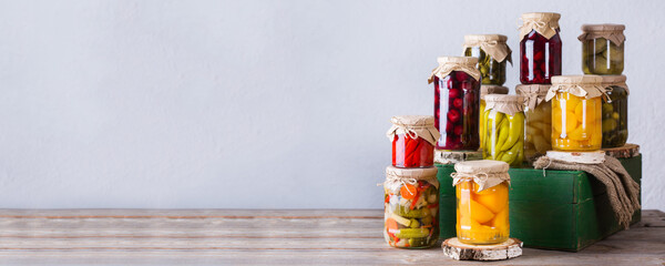 Homemade preserved, fermented food, pickled, marinated vegetables, fruit compote
