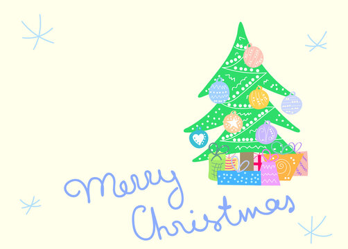 Cute cartoon christmas tree with decorations and gifts, doodle vector drawing with inscription "Merry Christmas"