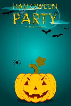 Halloween party vector banner. Templates of poster with pumpkin, bats, spiders and moon on blue background. Halloween greeting card, invitation. Vector illustration