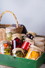 Homemade preserved, fermented food, pickled, marinated vegetables, fruit compote