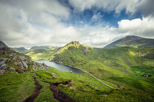 View from the Mannen mountain next to the Hauckland beach during a cloudy day on the Lofoten islands, Norway