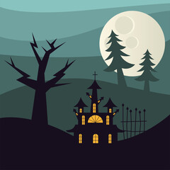 Fototapeta na wymiar Halloween house and pine trees at night vector design
