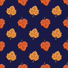 Seamless pattern from orange leaves on a navy blue background. Autumn leaf fall. Vector illustrations are great for creative designs, decorating banners, postcards, prints, textiles, fabrics, crafts.