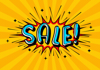 Sale inscription in comic book style. Sale background with explosion and stars in retro style. Template for your design. Vector illustration.