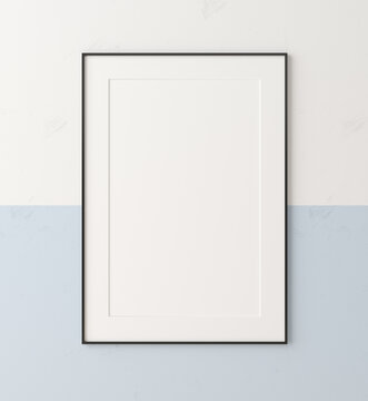 Mockup poster frame close up on wall painted white and pastel blue color, 3d render