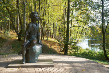 Monument to poet Alexander Pushkin in Zakharovo, former noble estate in village Zakharovo,...