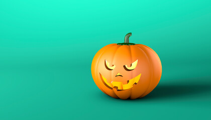 Halloween pumpkin with an evil face on a green background. Copy space for text. 3d render