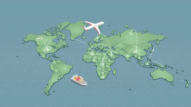 This is a world map with airplane and ship, 3d rendering, globla logistic network,