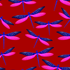 Dragonfly cool seamless pattern. Spring dress textile print with damselfly insects. Isolated water dragonfly vector background. 