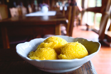 Polenta is a dish of boiled cornmeal that was made from maize or buckwheat. It may be served as a hot porridge, or it may be allowed to cool and can be baked, fried, or grilled.